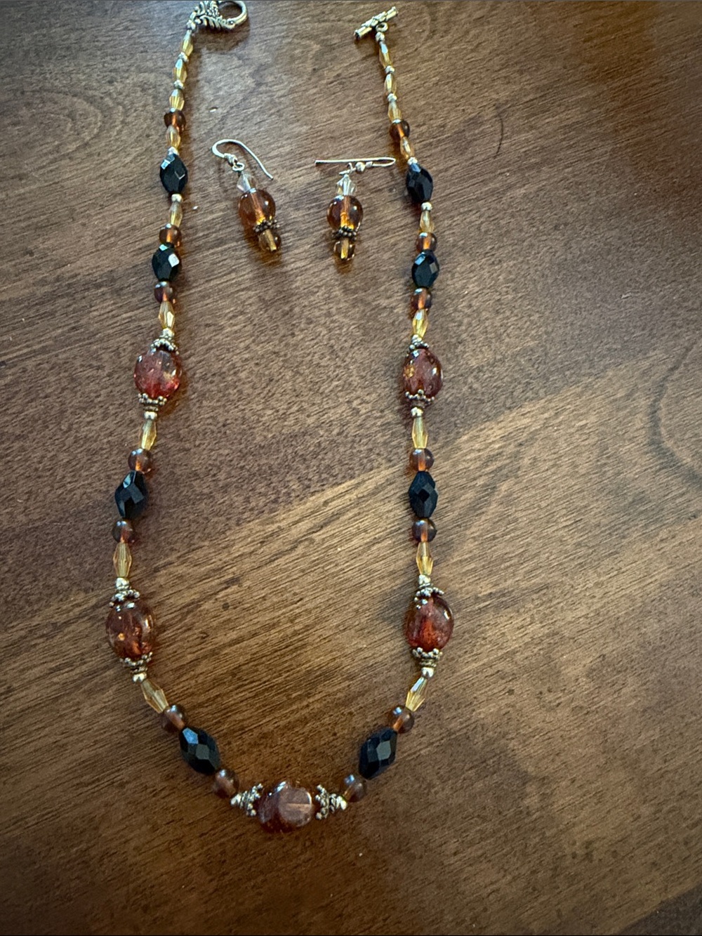 Handcrafted Amber and Black Bead Necklace with Matching Earrings